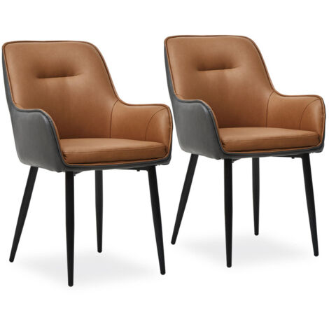 Dining Chairs Set of 2 Brown Grey Faux Leather Padded Kitchen Chair Occasional Accent Chairs with Backrest and Metal Legs, Lounge Living Room Reception Chairs