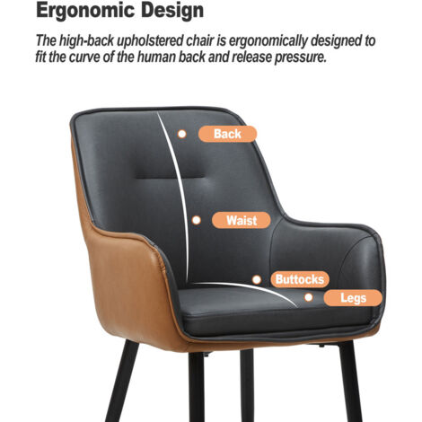 Dining Chairs Set of 2, Grey Brown Faux Leather Padded Kitchen Chairs Accent Armchair with Backrest and Metal Legs, Lounge Living Room Reception Chairs