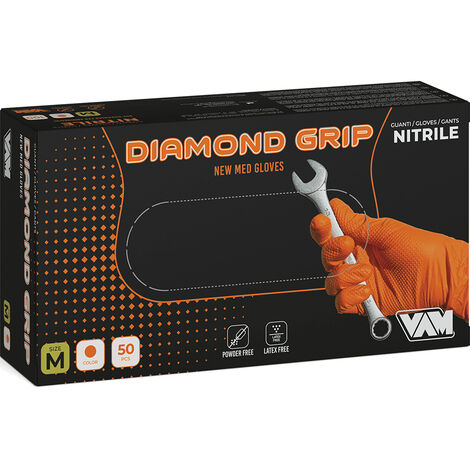 GUANTI MONOUSO IN NITRILE "DIAMOND GRIP" 8gr ARANCIO NO TALCO BOX 50PZ L-XL MED, "L"