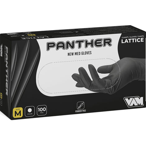 GUANTI MONOUSO IN LATTICE "PANTHER" 6,2gr NERI SENZA TALCO BOX 100PZ M-XL MED, "L"