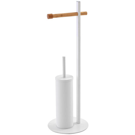 PIANTANA PORTA ROTOLO E SCOPINO BAGNO IN BAMBOO E ACCIAIO BIANCO Ø22xh.67 cm