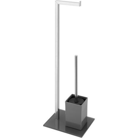PIANTANA PORTA ROTOLO E SCOPINO BAGNO ACCIAIO BASE VETRO GRIGIO 22x18xh.70,5 cm