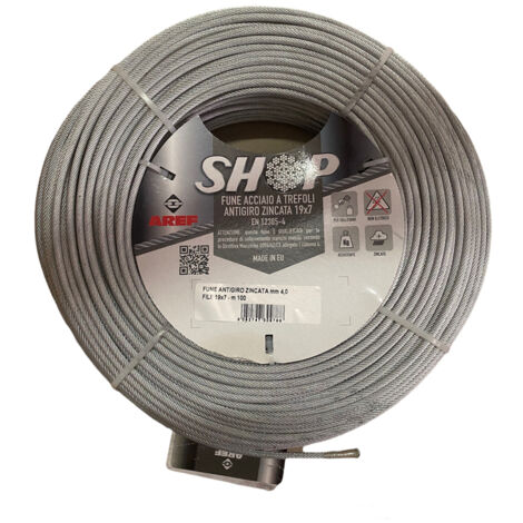 FUNE CAVO INTRECCIATO A TREFOLI ANTIGIRO ACCIAIO ZINCATO 100mt Ø3,4,5,6,8,10mm AREF, " 3,0 mm "
