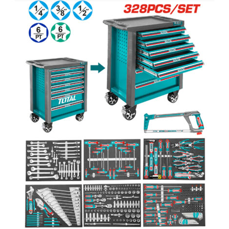 CARRELLO PORTAUTENSILI PORTA ATTREZZI OFFICINA CONTENITORE 7CASSETTI 328pz TOTAL