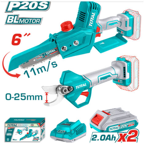 KIT CESOIA + POTATORE A BATTERIA MOTOSEGA 6" (15cm) 20V + 2 BATTERIE 2Ah TOTAL (1/2)