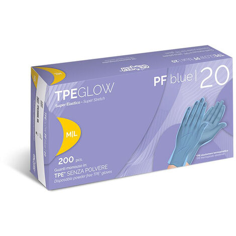 GUANTI MONOUSO IN TPE SENZA POLVERE 200 PZ GLOVELY TPEGLOW PF BLUE 20, " SM "