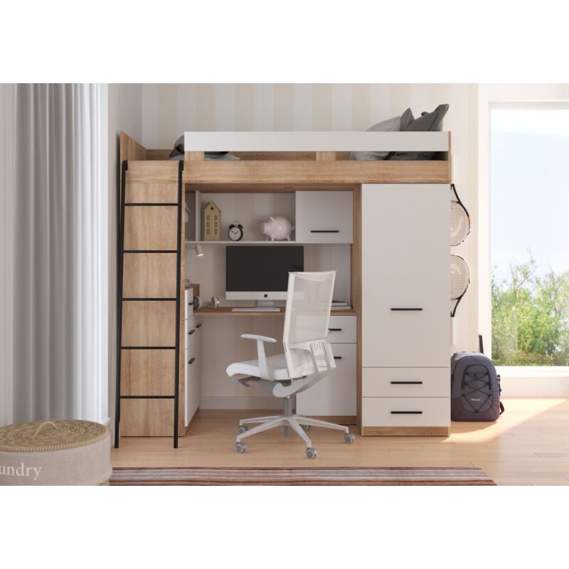 BIM Furniture Lit superposé avec bureau SMYK L cm110x204x188h Chêne blanc