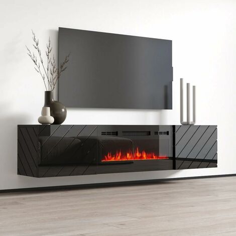 Bim Furniture – Meuble TV noir brillant avec cheminée électrique – Dimensions 183x35x38h cm – Matériaux MDF et plaque laminée – Ambiance chaleureuse réglable - cm183x35x38h (1/6)