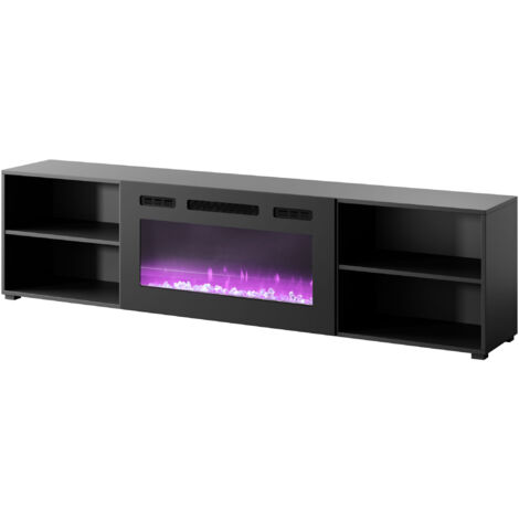Meuble TV ROLLO 200 cm à poser/suspendre en panneau stratifié noir mat avec cheminée électrique noir (1/3)