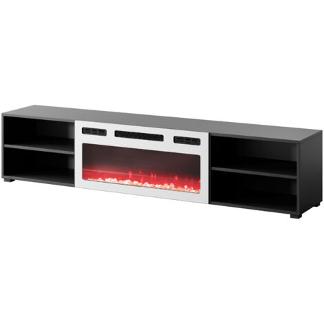 Salon Meuble TV avec cheminée blanc ROLLO cm 180x33x37-39h noir mat (1/5)