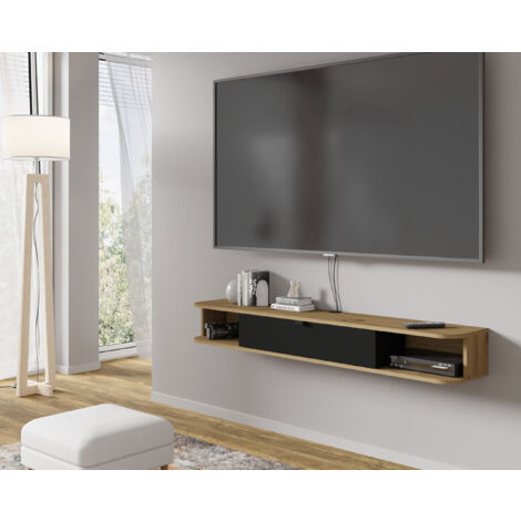 Bim Furniture – Meuble TV de salon ICARUS chêne noir mat – Dimensions 156x29x20 cm – Panneau stratifié 16 mm avec passage câbles – 2 étagères latérales