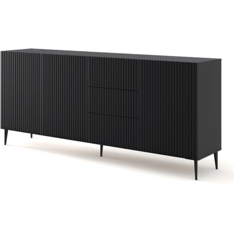 Bb-Loisir – Meuble TV de salon Ravenna 200x42x87 cm – MDF noir mat – Pieds en métal noir – 3 armoires et 3 tiroirs avec système push-to-open (1/5)