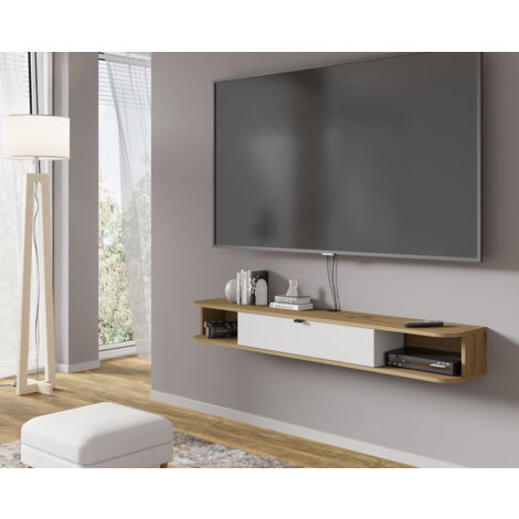Bim Furniture – Meuble TV suspendu moderne 156x29x20 cm – Chêne blanc mat – Compartiment ouvert et étagères latérales – Intégration esthétique des câbles