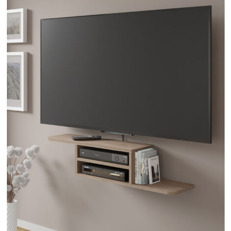 Bim Furniture – Meuble TV suspendu minimal 90x22x20 cm – Panneau stratifié 16 mm – Chêne clair – Deux niches centrales pour rangement – Ouvertures pour câbles - 90x22x20h (1/7)