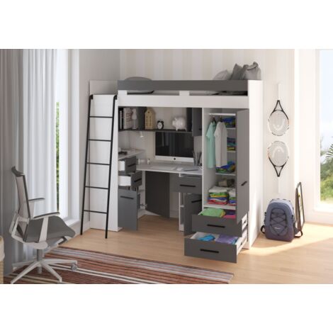 Lit Superposé BIM Furniture Avec Bureau Intégré SMYK 110x204x188cm Blanc Graphite
