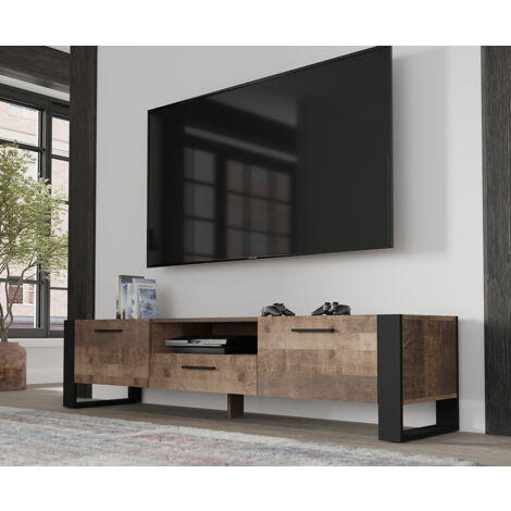Bim Furniture – Meuble TV NUKA chêne grange 200x43x48 cm – Compartiments fermés et étagère ouverte – Passe-câbles intégré pour rangement pratique - 200x43x48h (1/5)