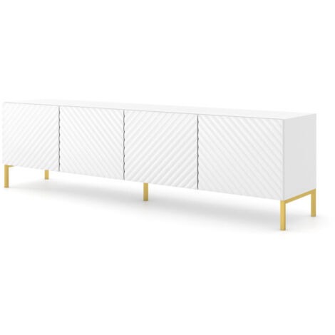 Meuble TV SURF 200 cm 4D fraisage laqué blanc sur + pieds dorées (1/5)