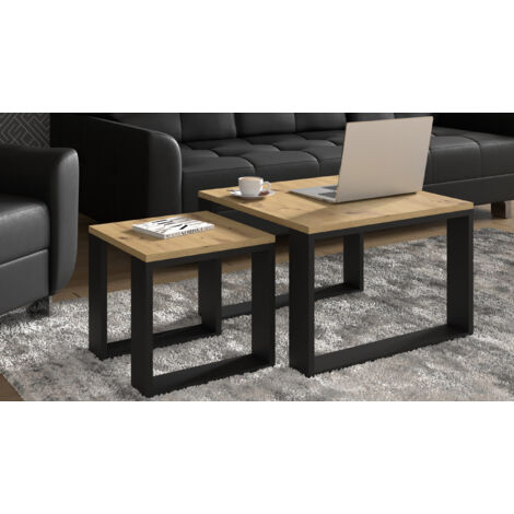 Ac-Deco – Table basse gigogne double en chêne artisan – Design moderne avec pieds en métal noir – Fonctionnelle et gain de place – Dimensions 100x50x40cm