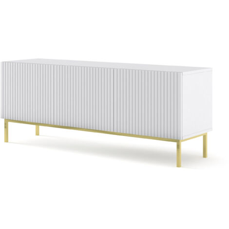 Bim Furniture – Meuble TV Ravenna 150 cm – 3 placards fermés – Panneau MDF fraisé blanc mat – Cadre en métal doré ou noir - CM 3 D (1/5)