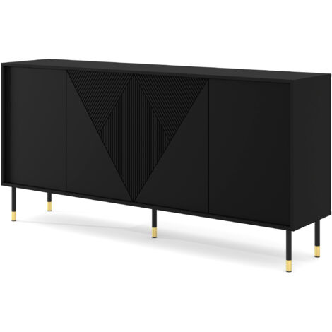 Petits-Meubles – Commode WOODY 180 cm 4 portes – Façades fraisées en MDF noir mat – Pieds en métal noir et doré – Système PUSH TO OPEN - CM 4 D (1/5)