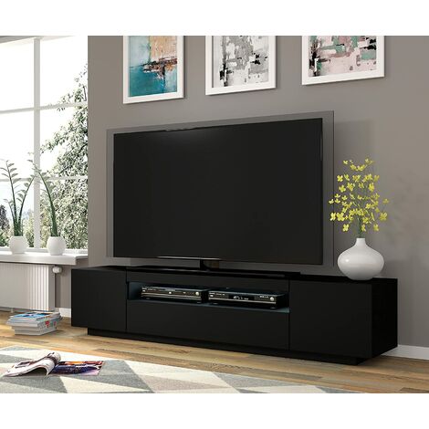 Bim Furniture – Meuble TV noir mat 200x37x42 cm – Meuble suspendu ou au sol avec étagère ouverte – 3 compartiments fermés pour rangement - 200x37x42H