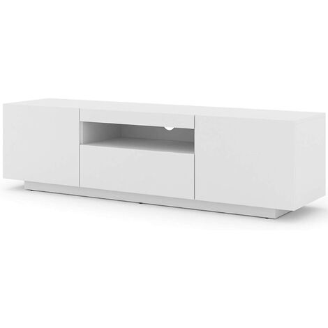Bim Furniture – Meuble TV suspendu ou au sol blanc mat 150x37x42cm – Panneau stratifié 16mm – Compartiments de rangement – Installation murale possible