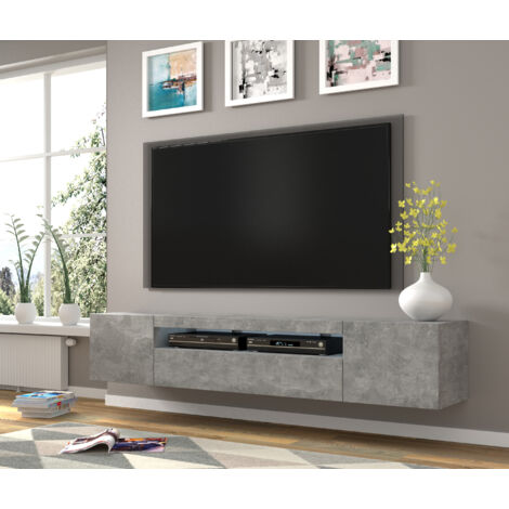 Meuble TV suspendu ou au sol Led Inclus 200x42/36x37 Cm STAND AURA Couleur ciment