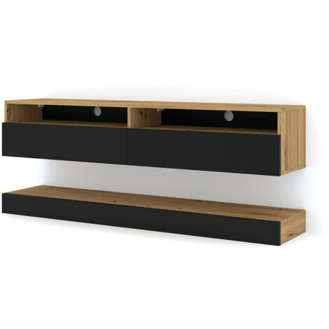 Meuble TV suspendu et au sol 160 cm – Corps chêne artisanal – Façades noires mat – 2 niveaux de rangement avec étagères ouvertes – Salone Srl (1/7)