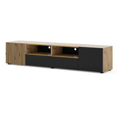 Bim Furniture – Meuble TV 200x42x42cm en chêne noir mat – 3 armoires fermées – 2 étagères ouvertes – Système push to open – Montage debout ou suspendu