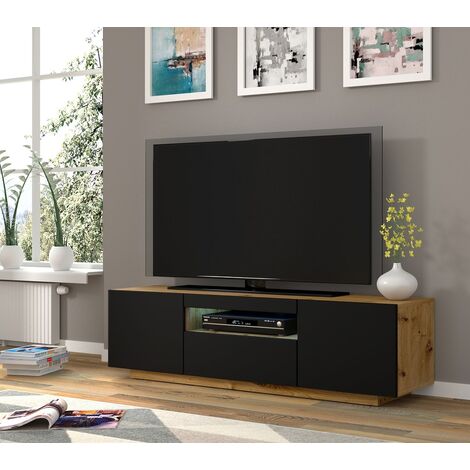 Bim Furniture – Meuble TV mural 3 portes 150 cm – Éclairage LED inclus – Panneaux stratifiés et MDF – Rangement optimisé avec étagère ouverte