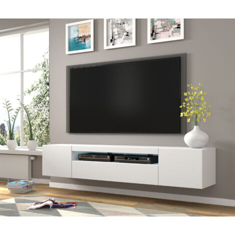 Bim Furniture – Meuble TV suspendu ou au sol 200x42/36x37 cm – Panneaux stratifiés et MDF – Gestion des câbles intégrée – Blanc mat (1/5)