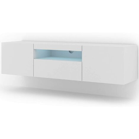 Bim Furniture – Meuble TV mural blanc mat avec éclairage LED – Dimensions 150x37x42cm – Panneaux stratifiés 16mm – Compartiments fermés et étagère ouverte