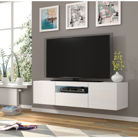Meuble TV suspendu ou au sol Led Inclus 150x37x42cm STAND AURA Blanc brillant
