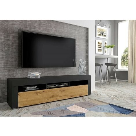 Étagère murale 2 portes meuble support TV rangement 140 cm noir effet