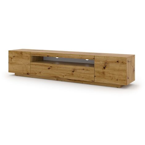 Bim Furniture – Meuble TV suspendu 200 cm – Panneau stratifié 16 mm – 2 étagères fermées et 1 ouverte – Gestion des câbles intégrée – Chêne artisanal