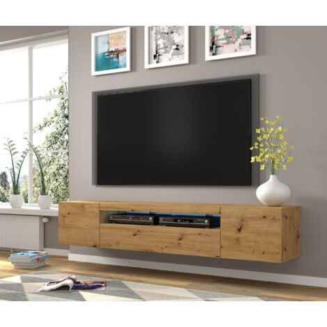 Bim Furniture – Meuble TV suspendu chêne artisanal 200x37x42 cm – Éclairage LED inclus – Compartiments ouverts et fermés – Pour salon moderne (1/5)