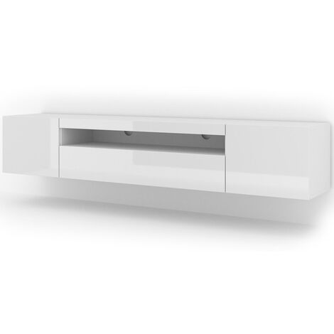 Meuble TV suspendu ou au sol 200x37x42 cm – Corps blanc mat – Façades blanc brillant – Panneaux stratifiés 16 mm – Trou pour passage câbles – Salone Srl - 200x37x42H (1/10)