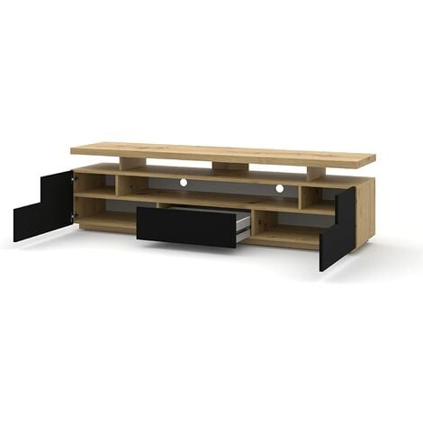EVA 180 Meuble TV couleur Chêne avec façades Noir mat 180x42x51H Cm