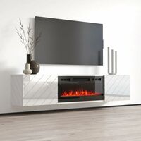Bim Furniture – Meuble TV Roxy avec cheminée électrique noire – Largeur 183 cm – Hauteur 37,5 cm – Corps en blanc mat – Finition brillante - cm183x35x38h
