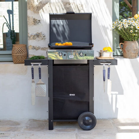 Plancha à gaz sur chariot avec 2 brûleurs – Puissance 5000 W – Plaque en fonte émaillée 47 x 36 cm – Bac récupérateur inox 0,75 L – ENO (1/5)