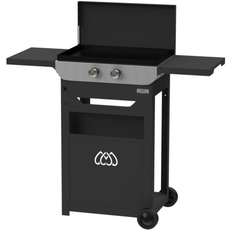 Le Marquier – Plancha à gaz 2 brûleurs – Plaque fonte émaillée 60x40 cm – Puissance 5400W – Châssis inox avec roues – Pour 6 à 10 personnes