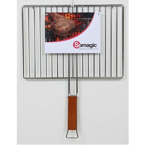Grille de barbecue double rectangulaire 40x29 cm en acier chromé – Poignée en bois pour maintien optimal – Utilisation professionnelle – Somagic