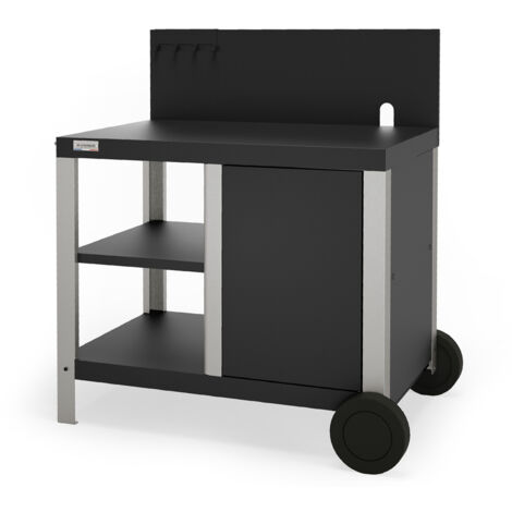 Le Marquier – Desserte à plancha 99x64cm en inox et acier époxy noir – 2 étagères et rangement bouteille gaz – 2 roues avec enjoliveurs – Origine France Garantie