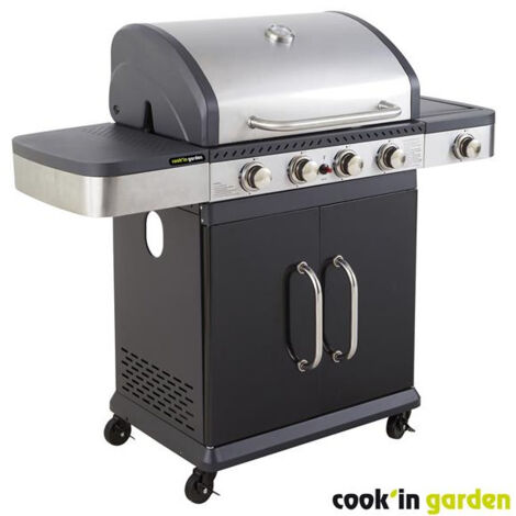 Cook'In Garden – Barbecue à gaz 4 brûleurs inox – Réchaud latéral – Surface de cuisson 70 x 42 cm – Puissance 14,5 kW – Allumage piezo et thermomètre