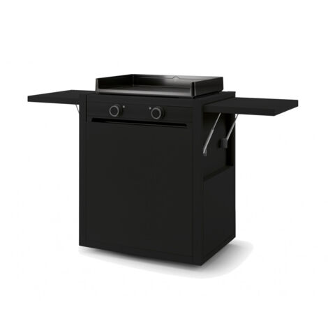 Forge Adour – Chariot fermé pour plancha – Acier noir 3 couches – Tablettes rabattables avec vérins hydrauliques – Rangement bouteille de gaz (1/5)