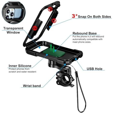 Support pour téléphone portable à vélo Moto, support étanche avec écran  tactile, pour iPhone Samsung Huawei jusqu'à 6,7 pouces, Noir