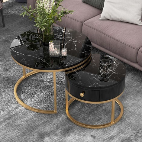 Table basse gigogne Table basse moderne Nesting Motif marbre brillant Lot de 2 tables basses rondes Table d'appoint ronde Nesting