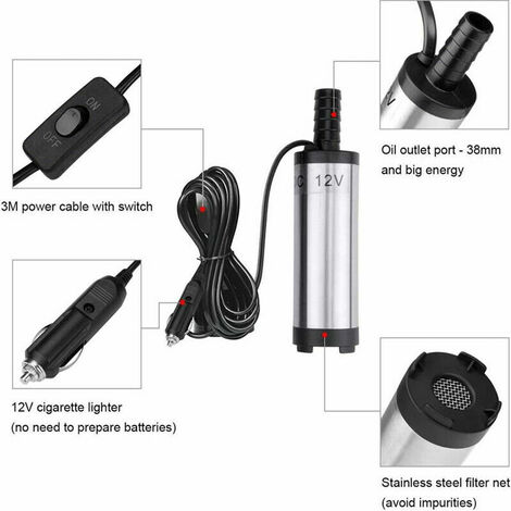 Pompe Submersible 12V Acier Inox - Transfert Diesel, Kérosène, Eau - Câble 3m Avec Interrupteur, Pour Citerne, Camping-car, Bateau