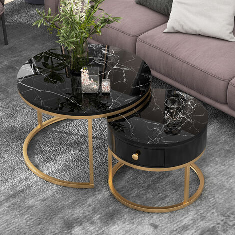Table basse gigogne Table basse moderne Nesting Motif marbre brillant Lot de 2 tables basses rondes Table d'appoint ronde Nesting L&H