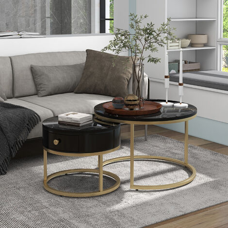 Table basse gigogne Table basse moderne Nesting Motif marbre brillant Lot de 2 tables basses rondes Table d'appoint ronde Nesting L&H